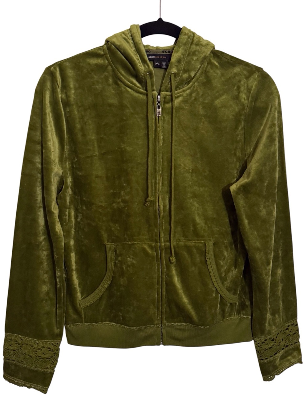 BCBG Size Petite Large Green Velour Jacket Zip Up Y2K Lace Sleeve Hooded
